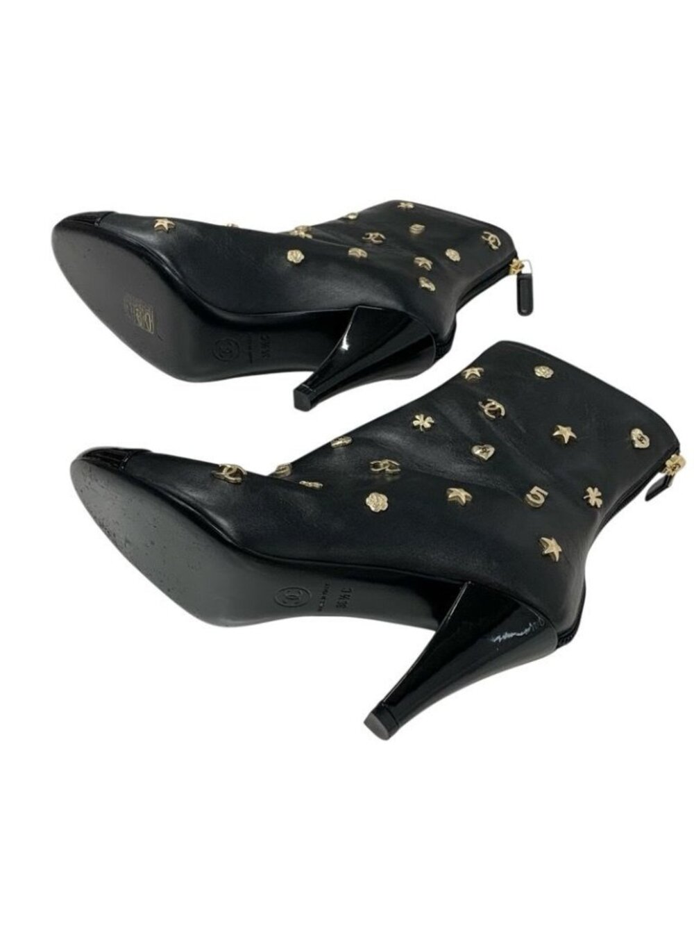 Chanel Boots Short Shoes Leather Patent Black Gold Coco Mark Icon Logo - Picture 6 of 9